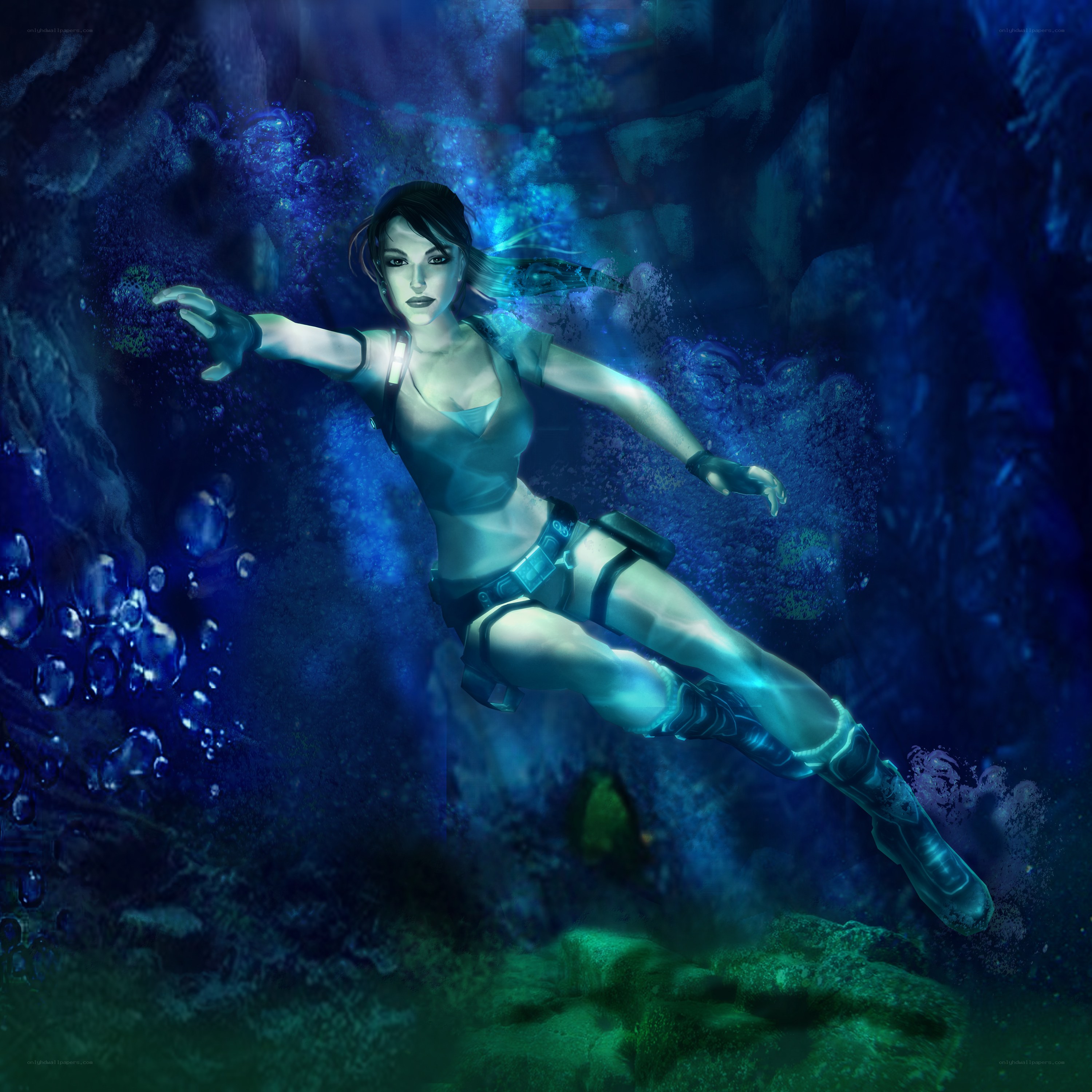 Lara Croft diving underwater