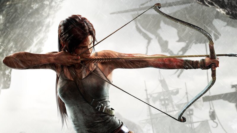 Lara Croft Drawing Bow — Gray, Dramatic, Digital Art, Arrow, Rain