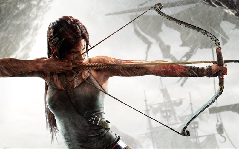 Lara Croft Drawing Bow — Gray, Dramatic, Digital Art, Arrow