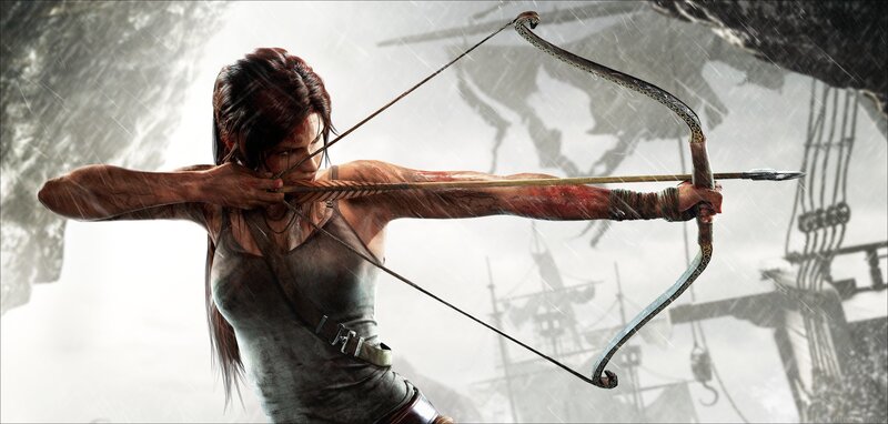 Lara Croft Drawing Bow — Gray, Dramatic, Digital Art, Bow and Arrow