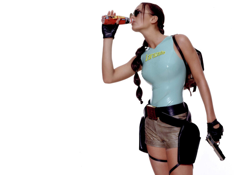Lara Croft drinking energy drink
