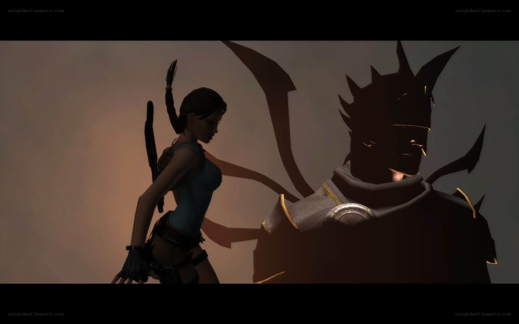 Lara Croft facing a dark figure