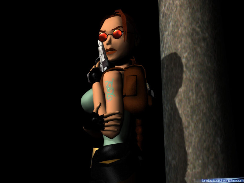Lara Croft holding a gun