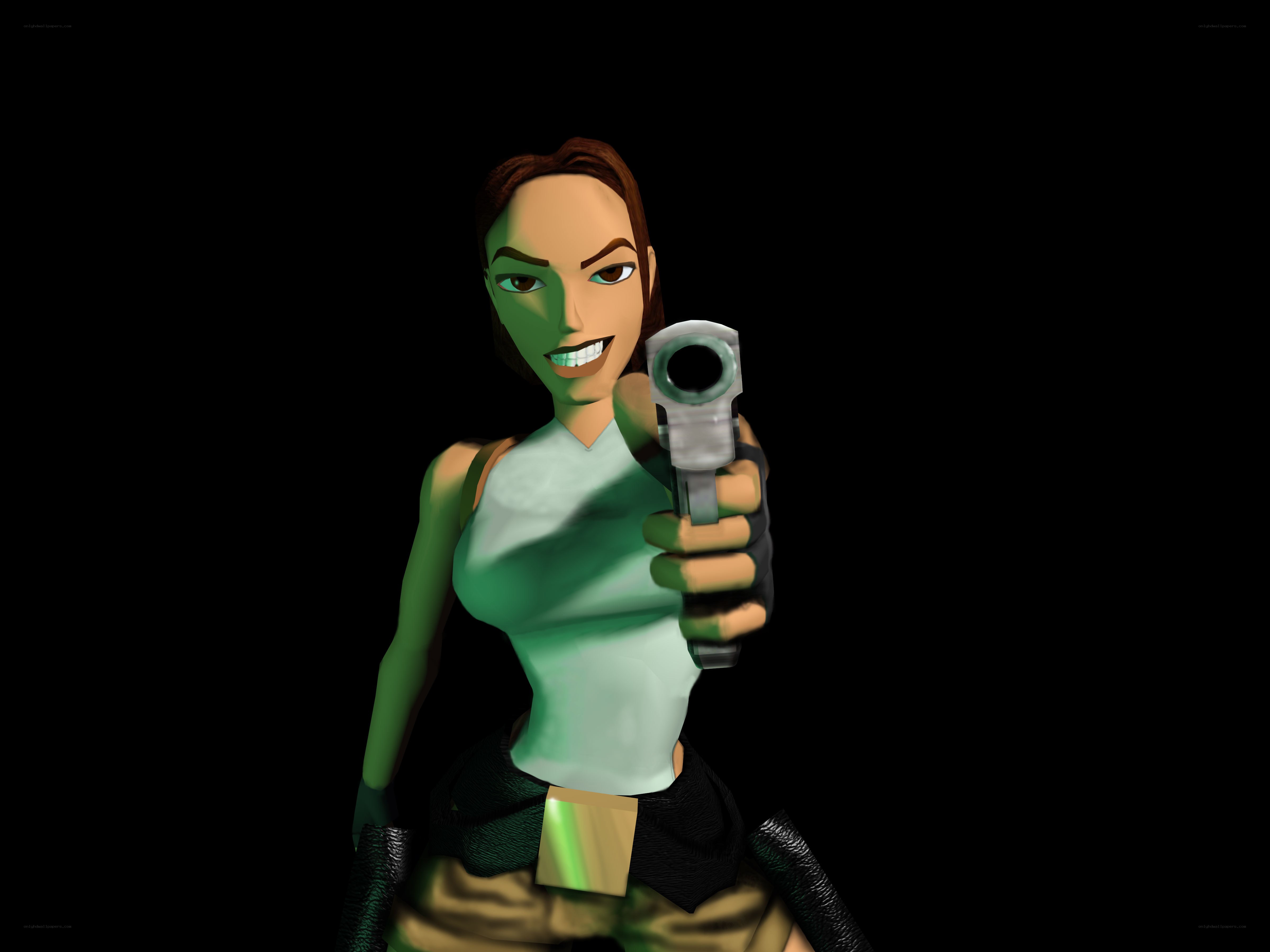 Lara Croft holding a gun