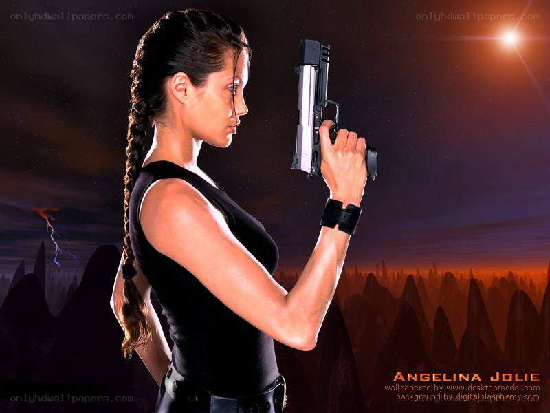 Lara Croft holding a gun