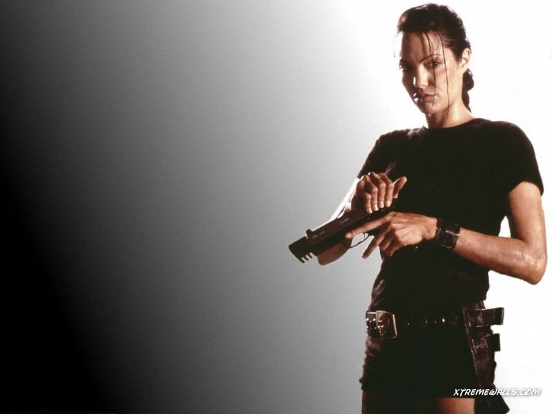 Lara Croft holding a gun