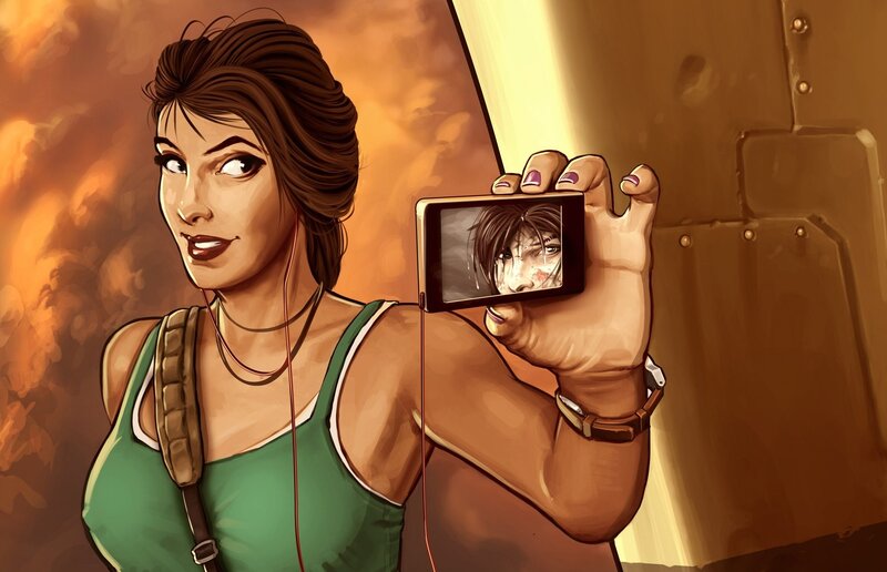 Lara Croft holding a phone