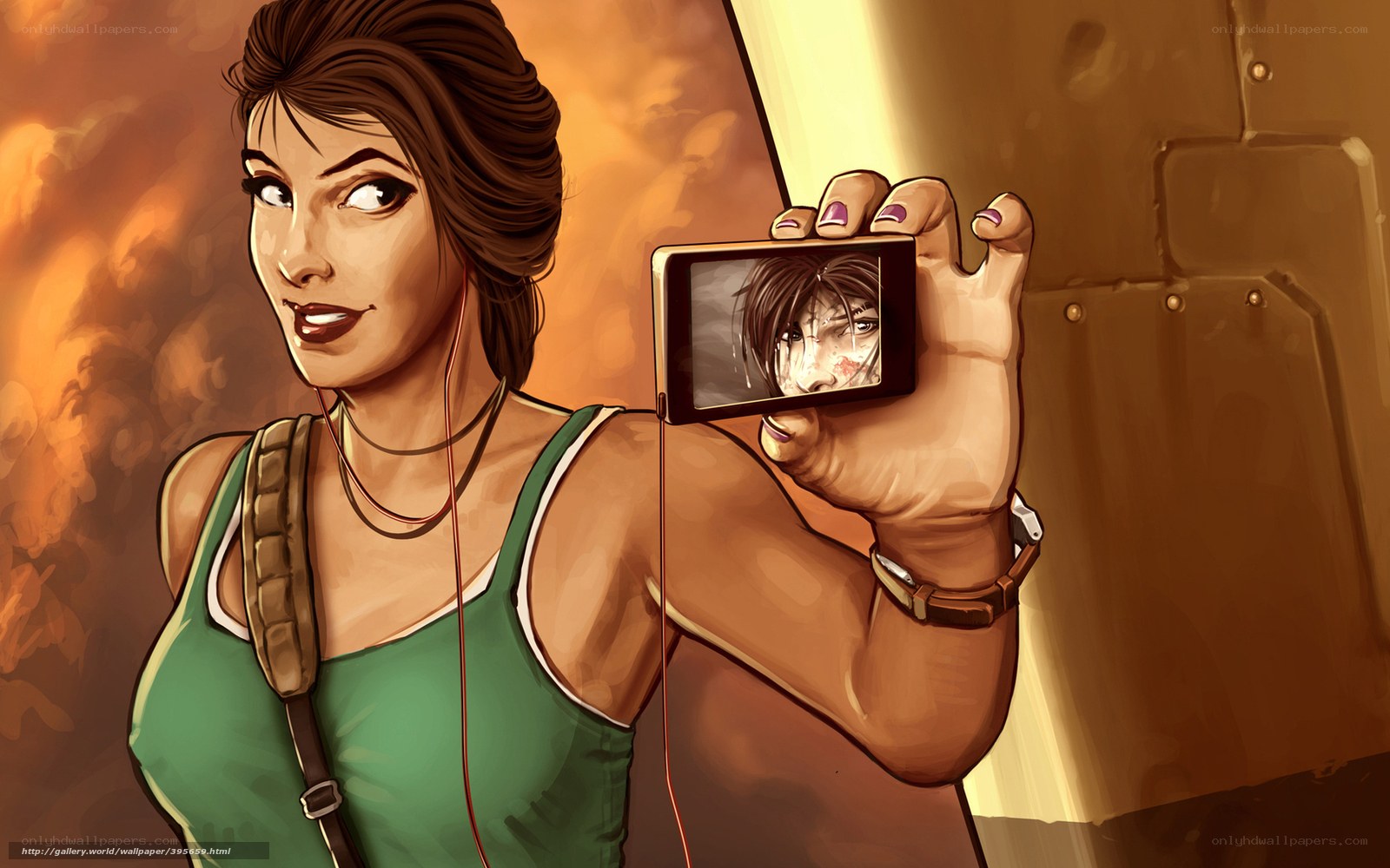 Lara Croft holding a phone