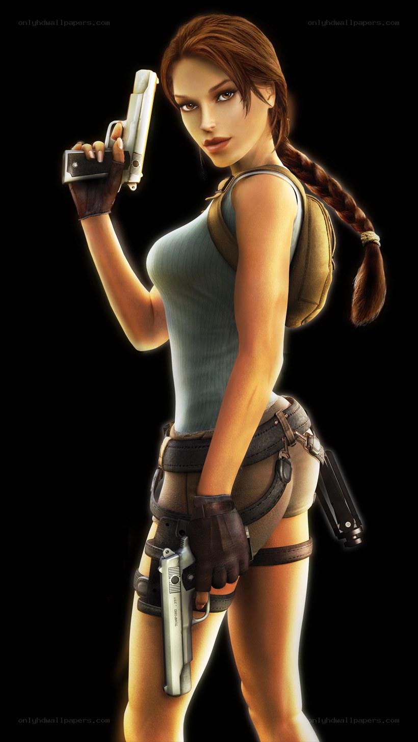 Lara Croft holding a pistol