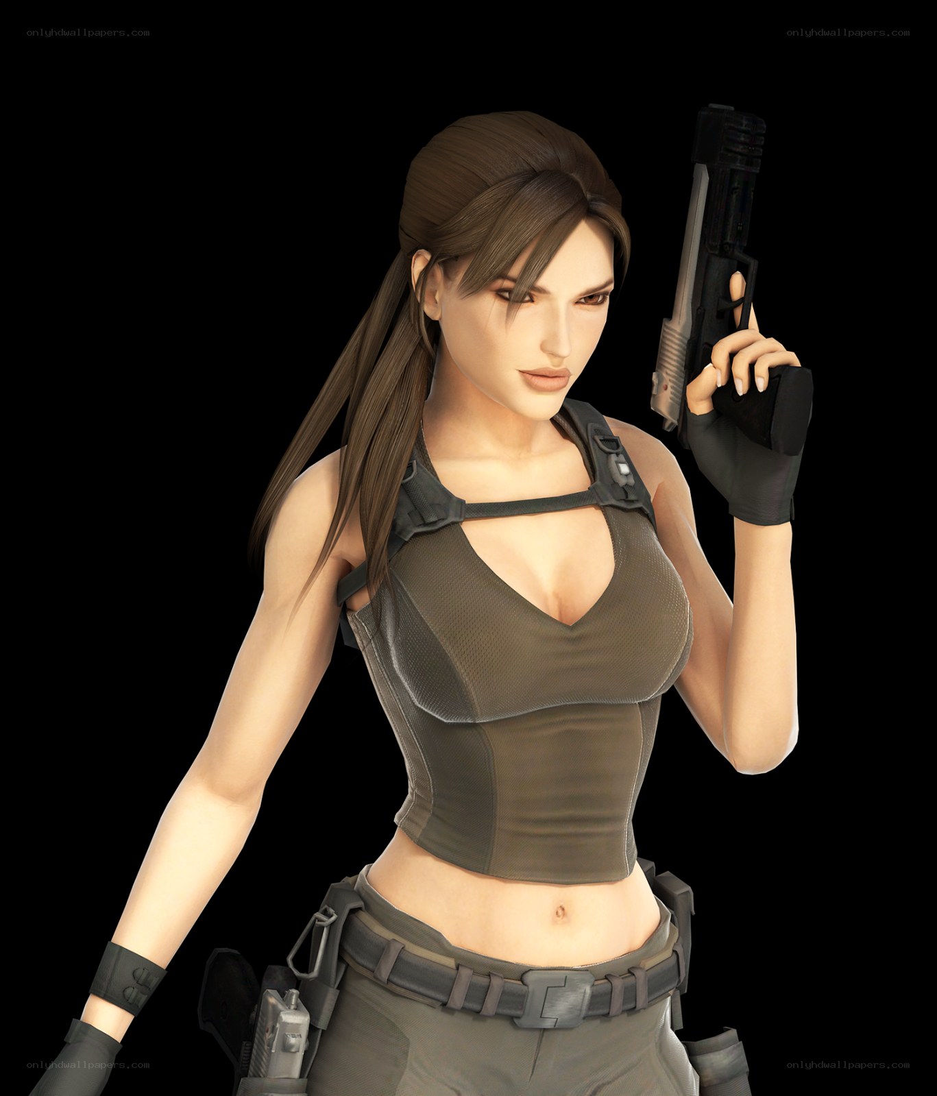 Lara Croft holding a pistol