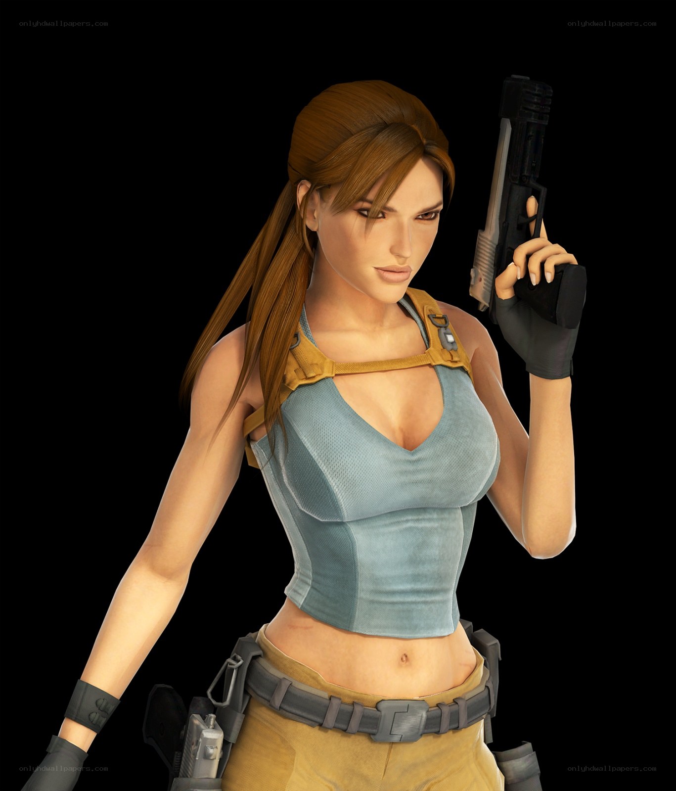 Lara Croft holding a pistol