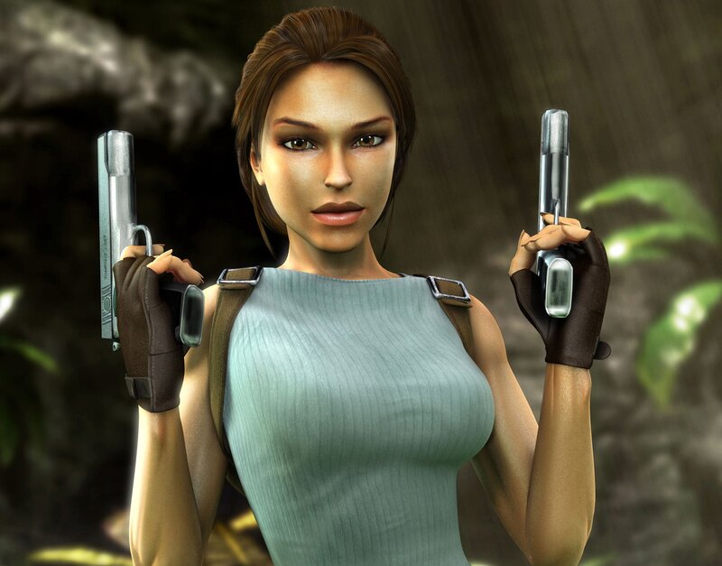 Lara Croft holding dual pistols
