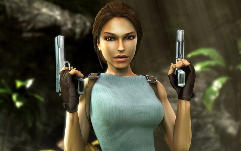 Lara Croft holding dual pistols