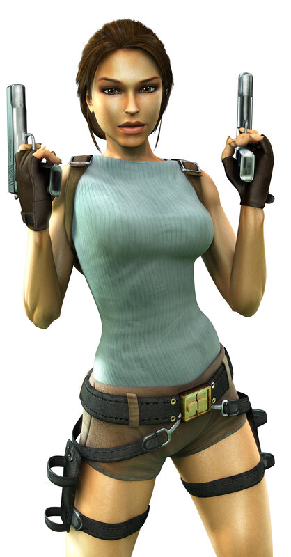 Lara Croft holding dual pistols