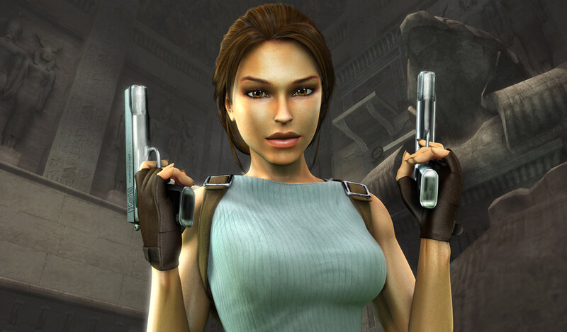 Lara Croft holding dual pistols