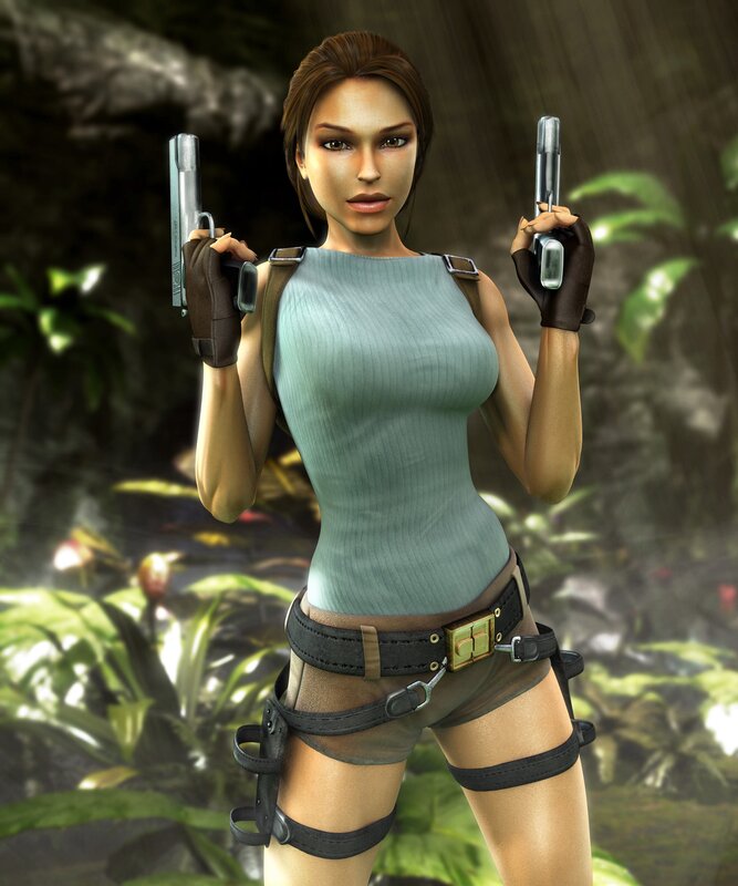 Lara Croft holding dual pistols