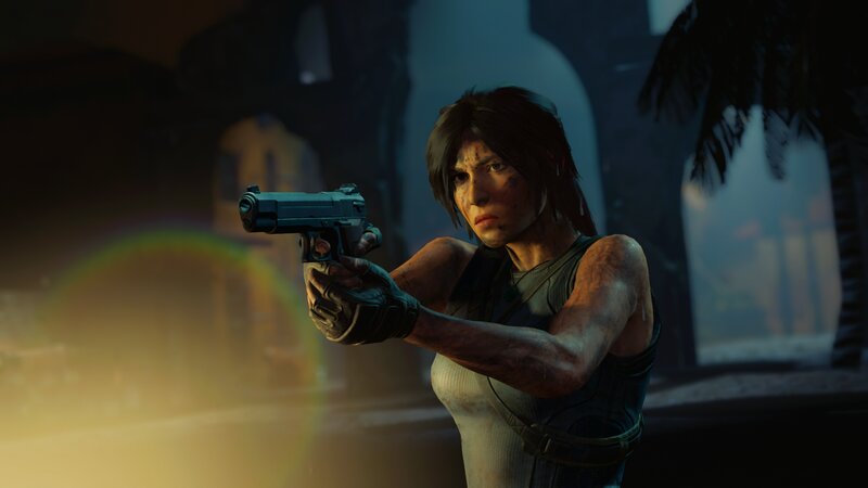 Lara Croft Holding Gun — Brown, Tense