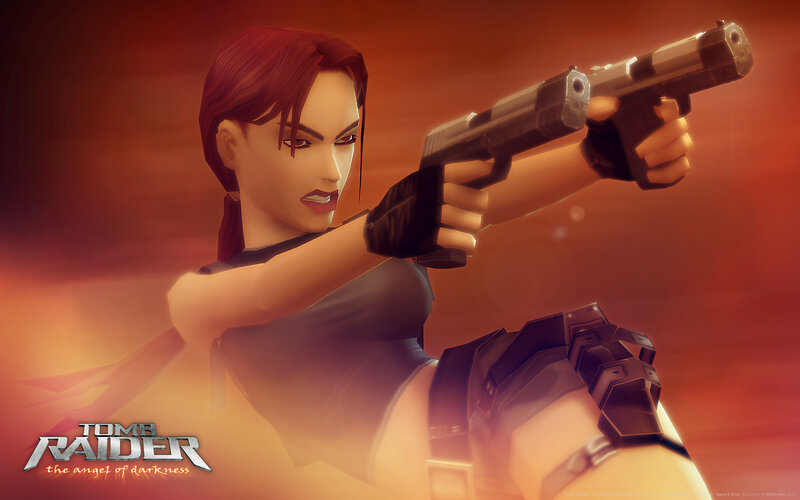 Lara Croft Holding Gun — Red, Dramatic