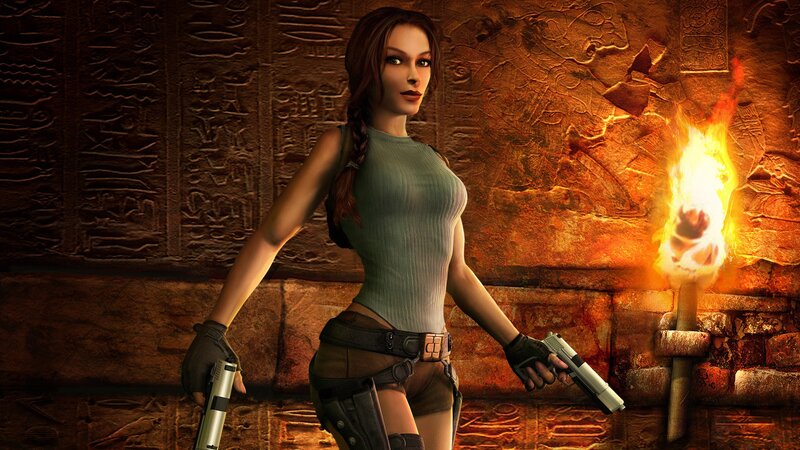 Lara Croft Holding Guns — Brown, Dramatic, 3d Render, Ancient Wall