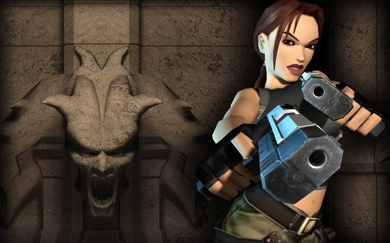 Lara Croft Holding Guns — Brown, Dramatic