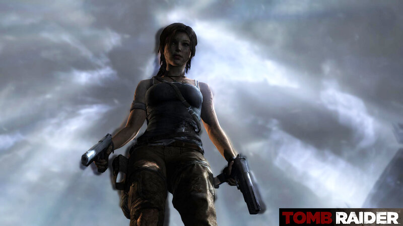 Lara Croft Holding Guns — Gray