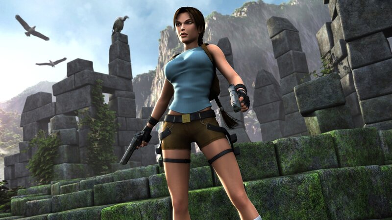 Lara Croft Holding Guns — Green, Adventurous, Afternoon