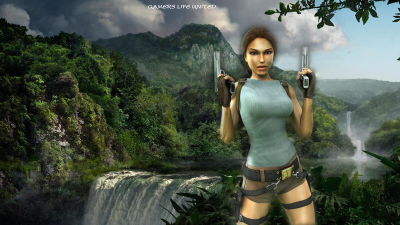 Lara Croft Holding Guns — Green, Adventurous