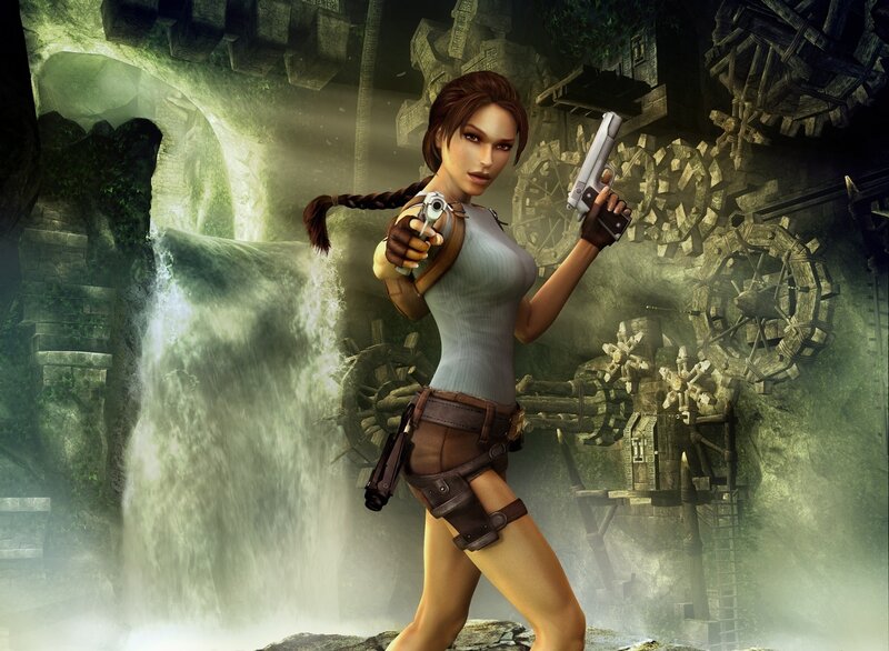 Lara Croft Holding Guns — Green, Dramatic, 3d Render
