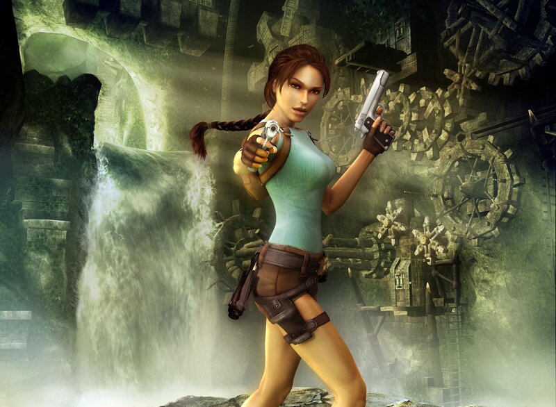 Lara Croft Holding Guns — Green, Dramatic, 3d Render, Waterfall, Ancient Ruins