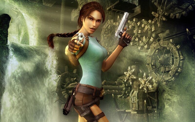 Lara Croft Holding Guns — Green, Dramatic, 3d Render, Waterfall