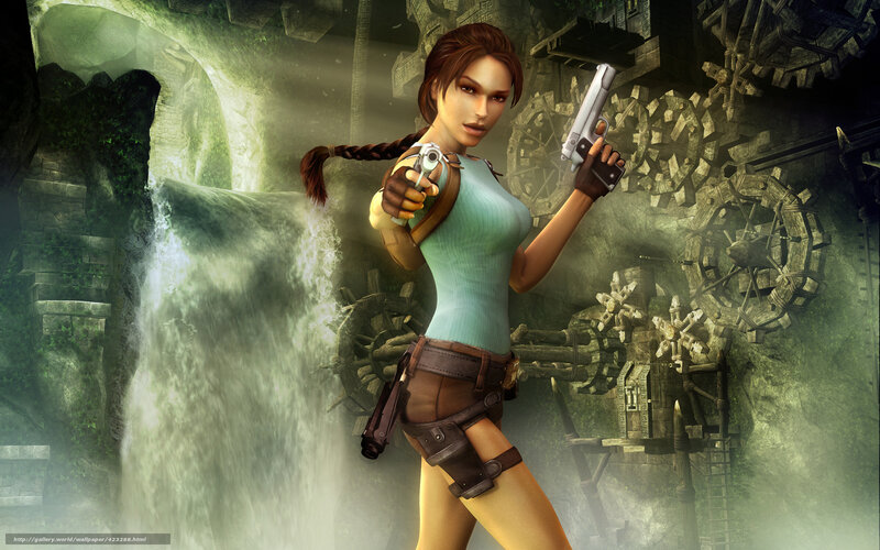 Lara Croft Holding Guns — Green, Dramatic