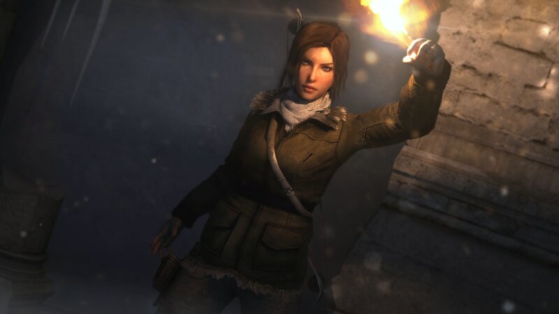 Lara Croft Holding Torch — Brown, Dramatic, Night