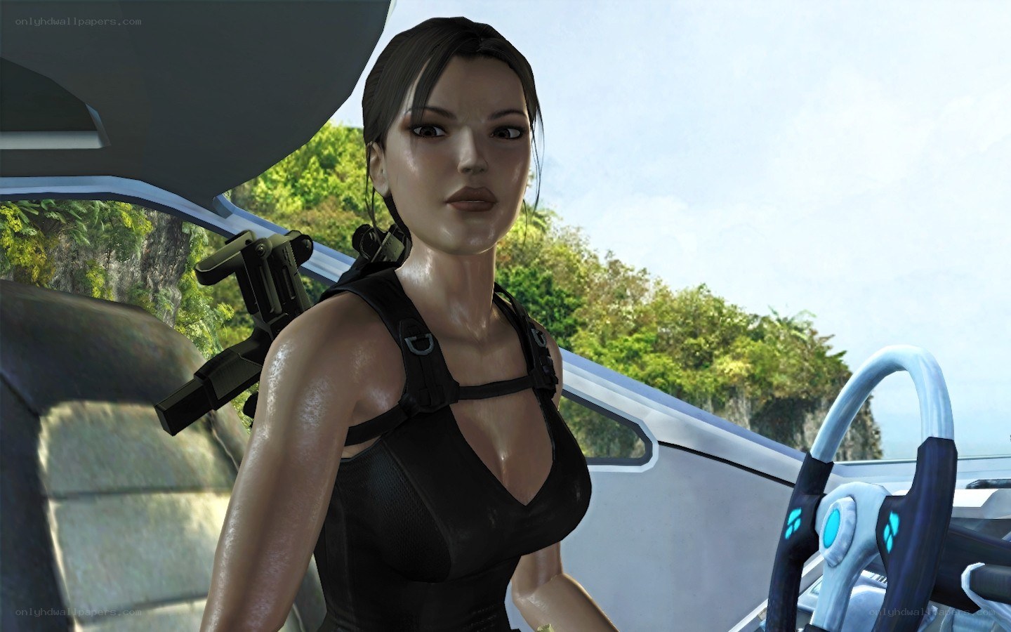 Lara Croft in a boat