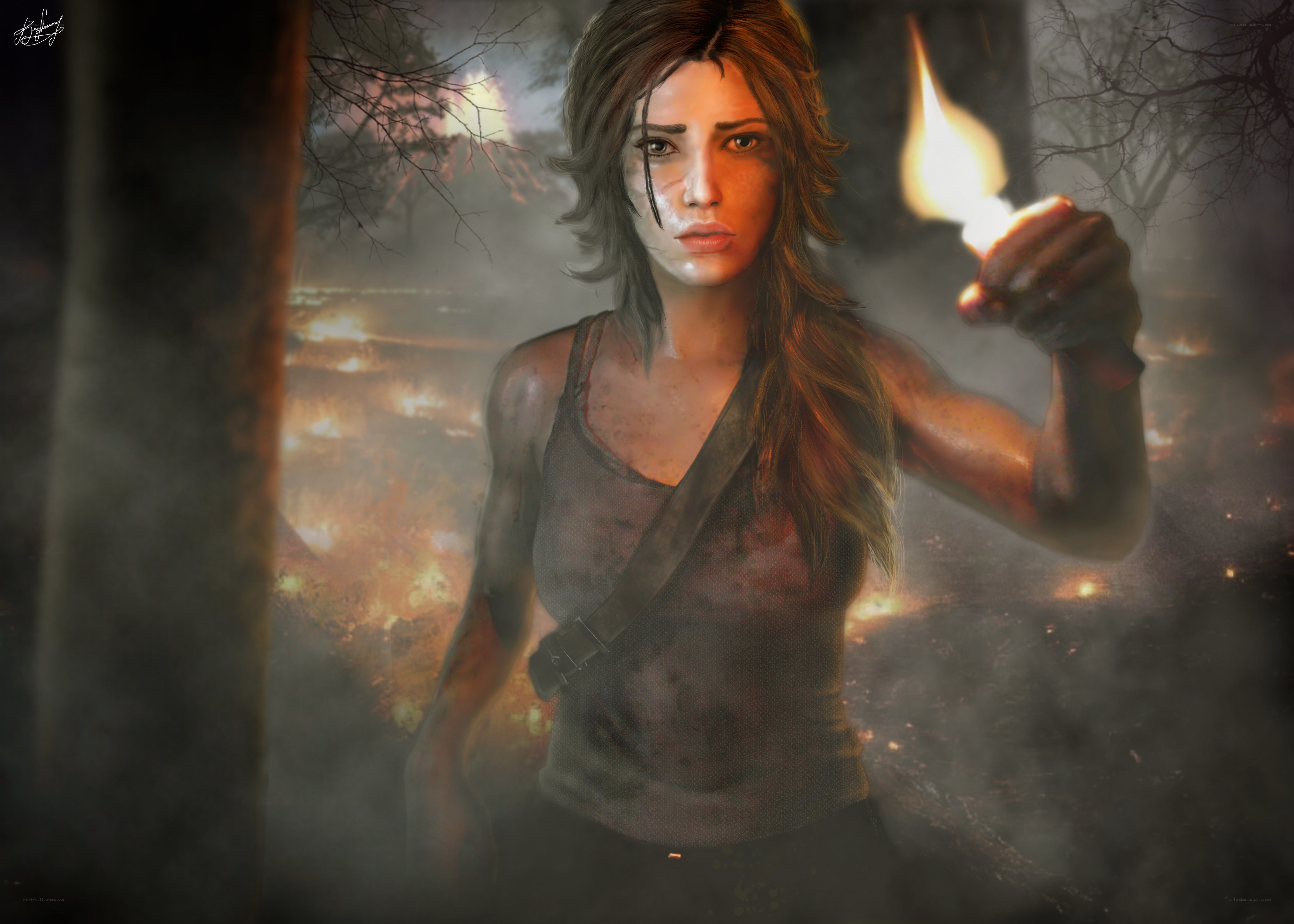 Lara Croft in a burning forest