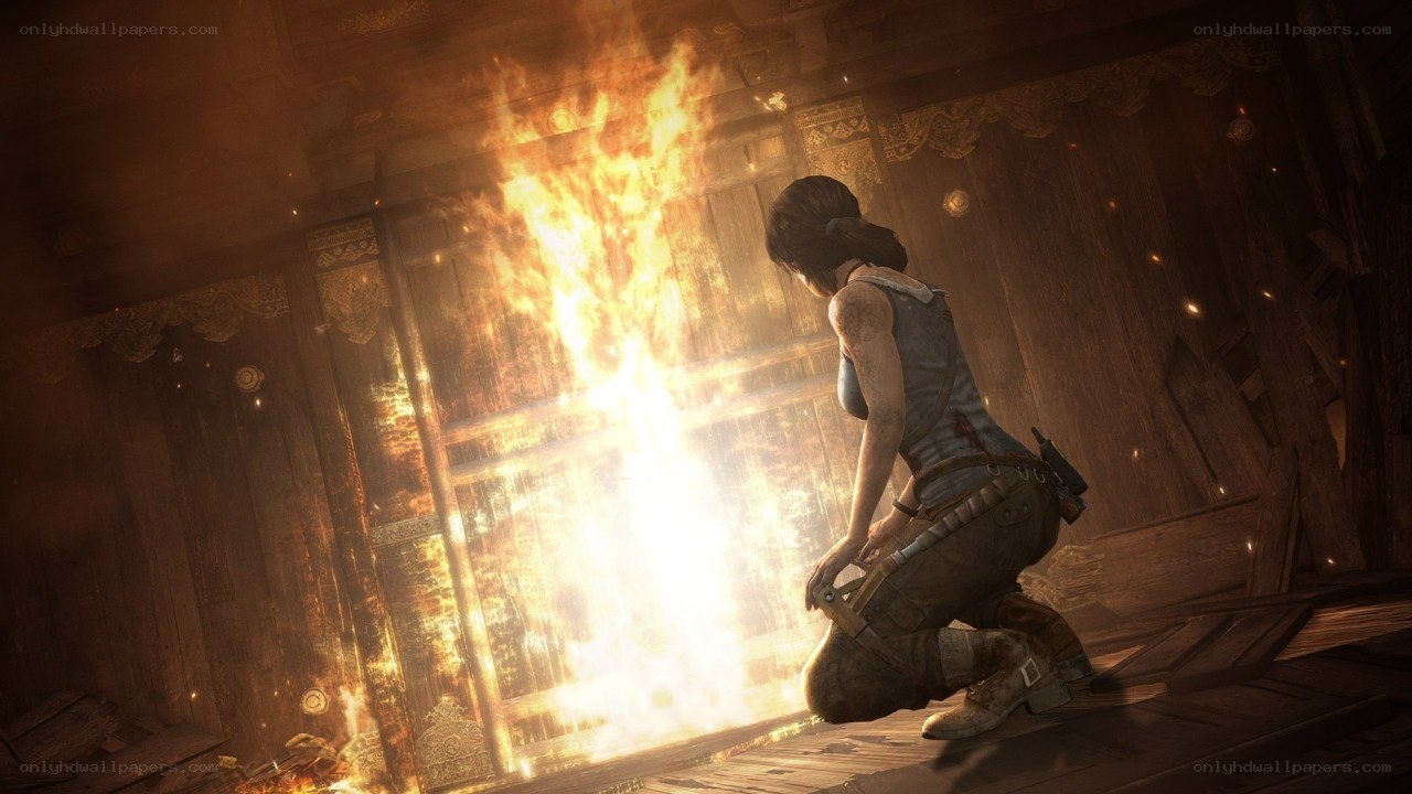 Lara Croft in a burning temple