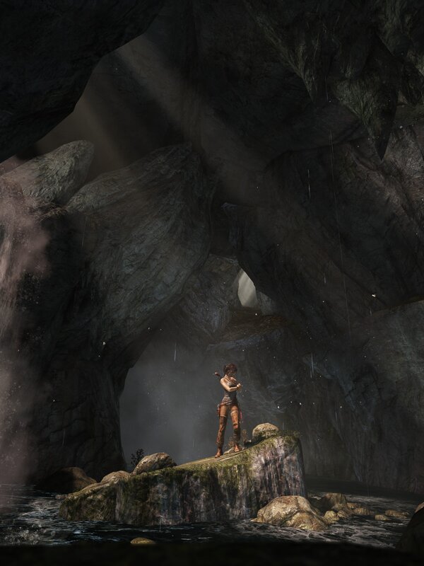 Lara Croft in a dark cave