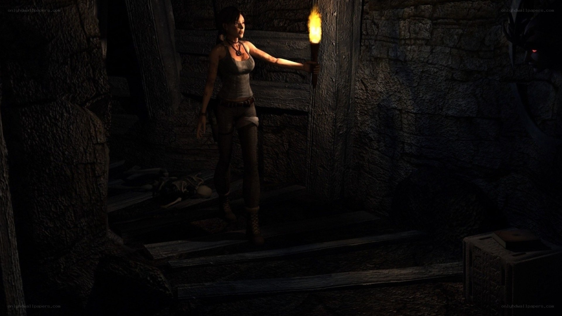 Lara Croft in a dark dungeon