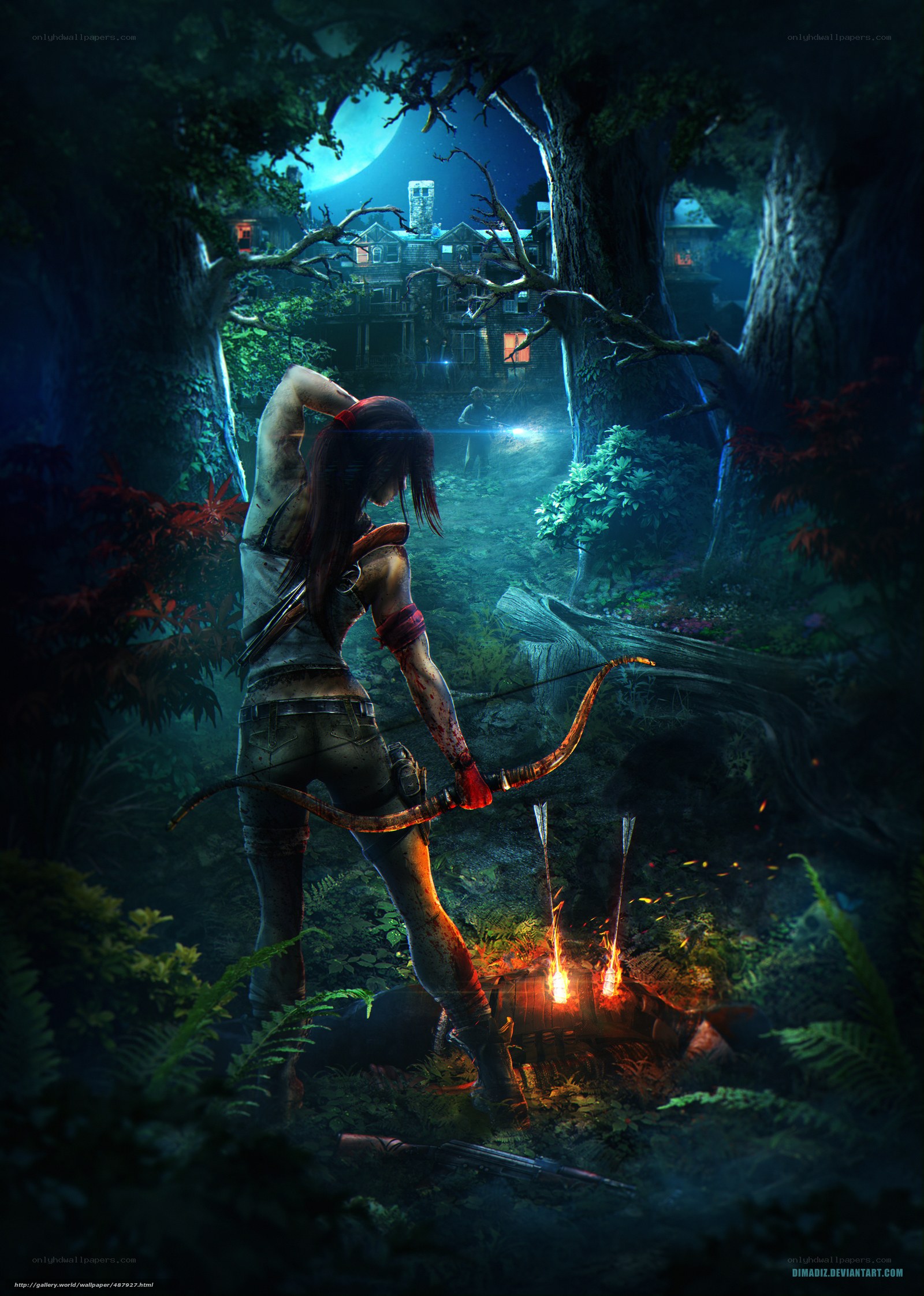 Lara Croft in a dark forest