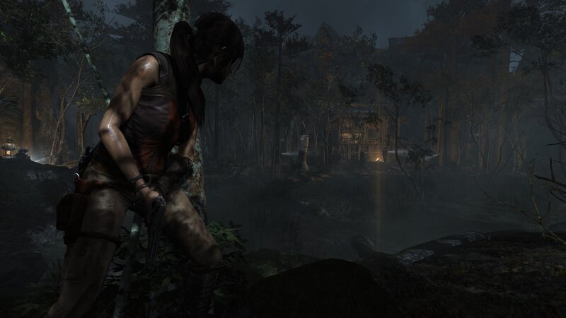 Lara Croft in a dark forest