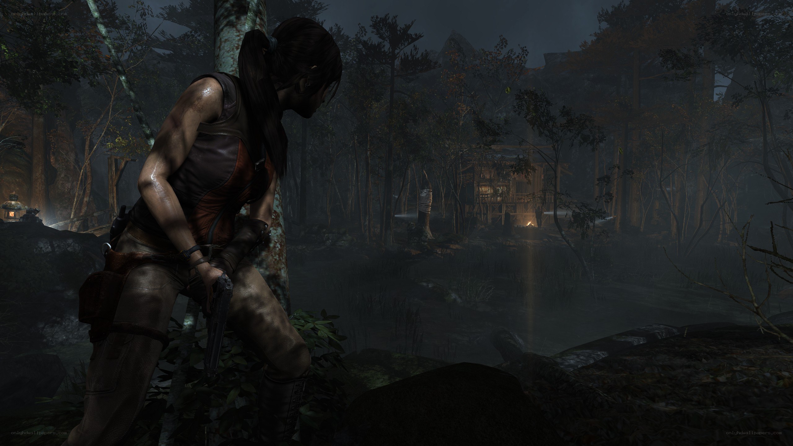 Lara Croft in a dark forest