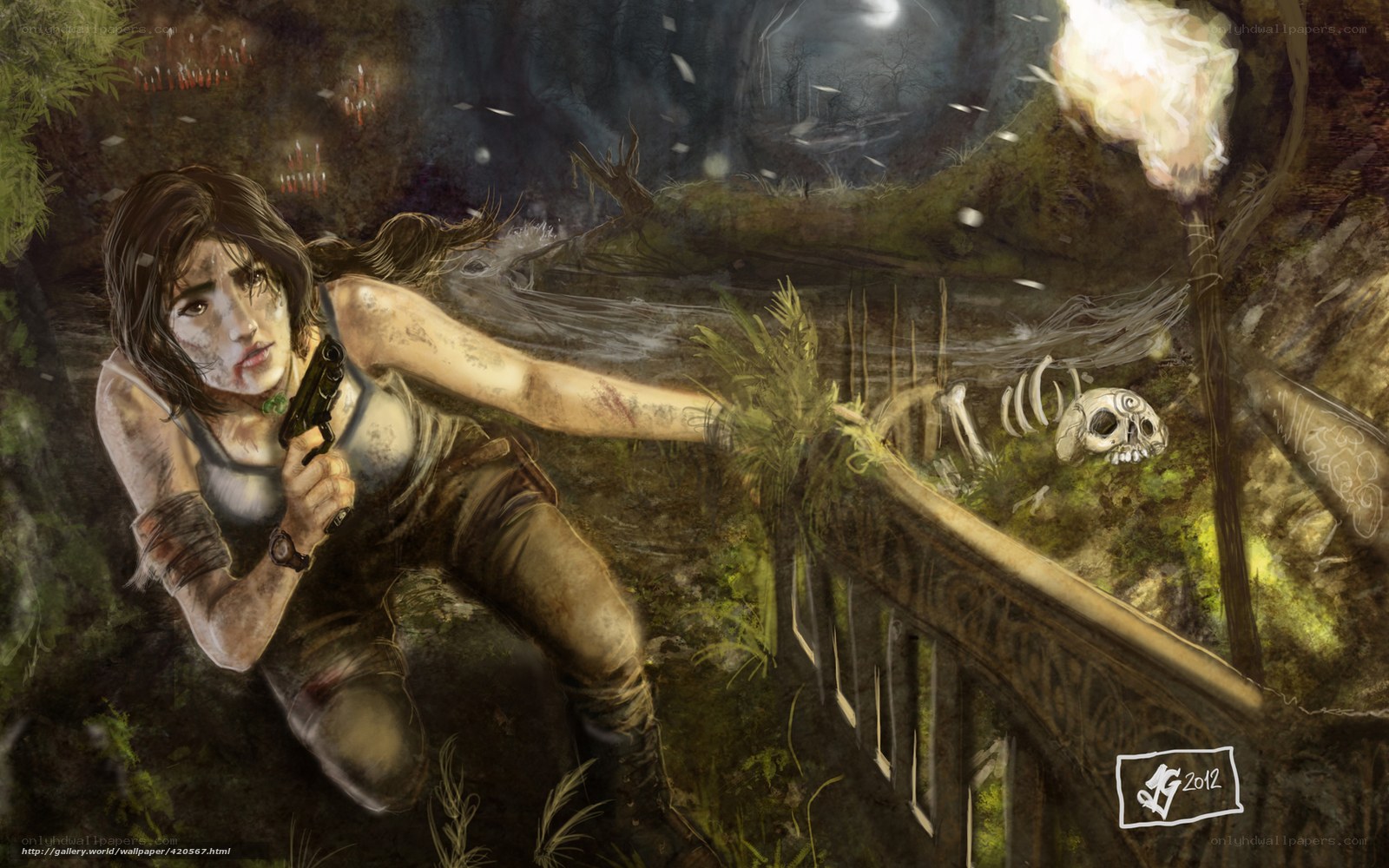 Lara Croft in a dark forest