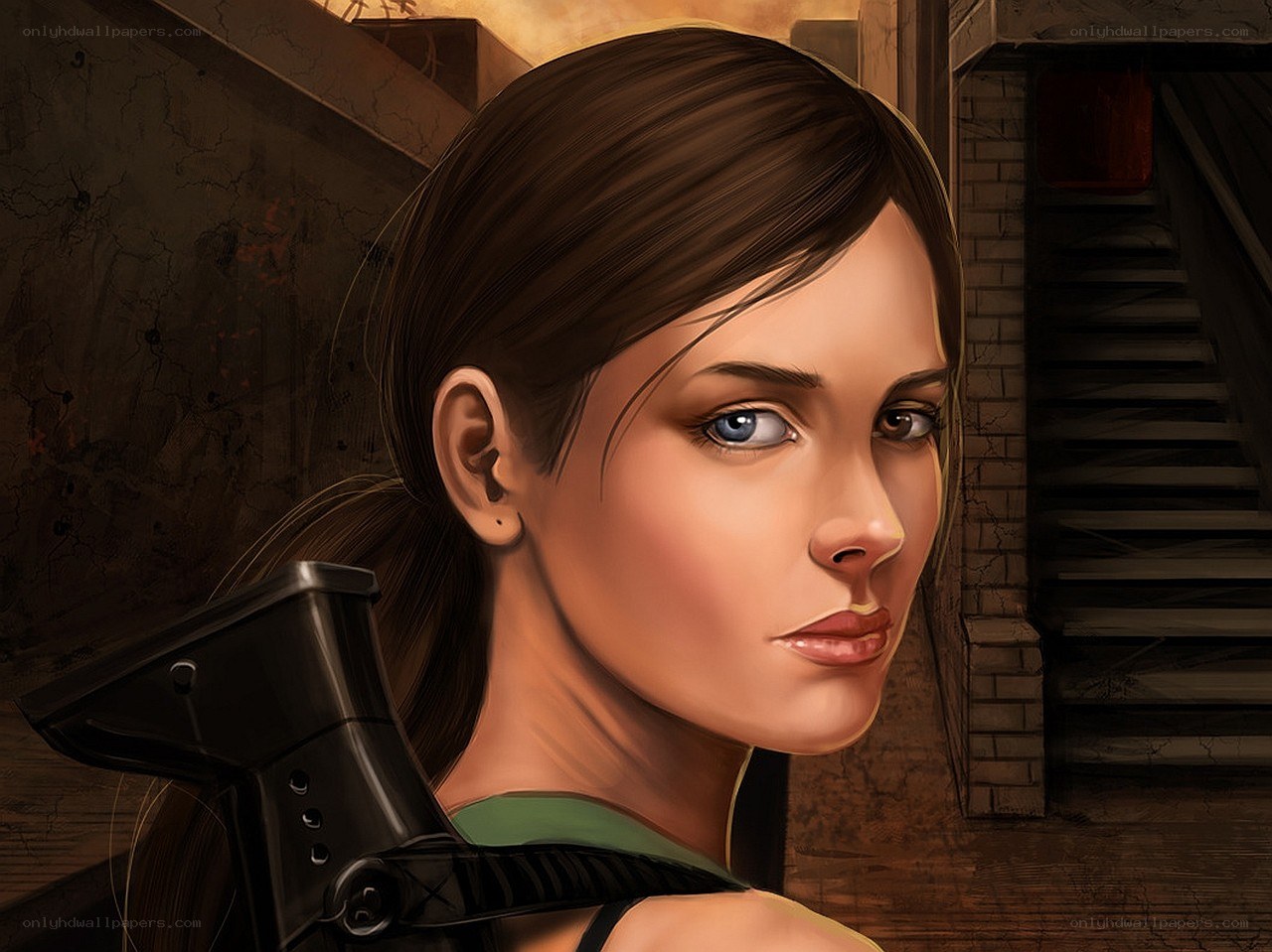 Lara Croft in a dimly lit corridor