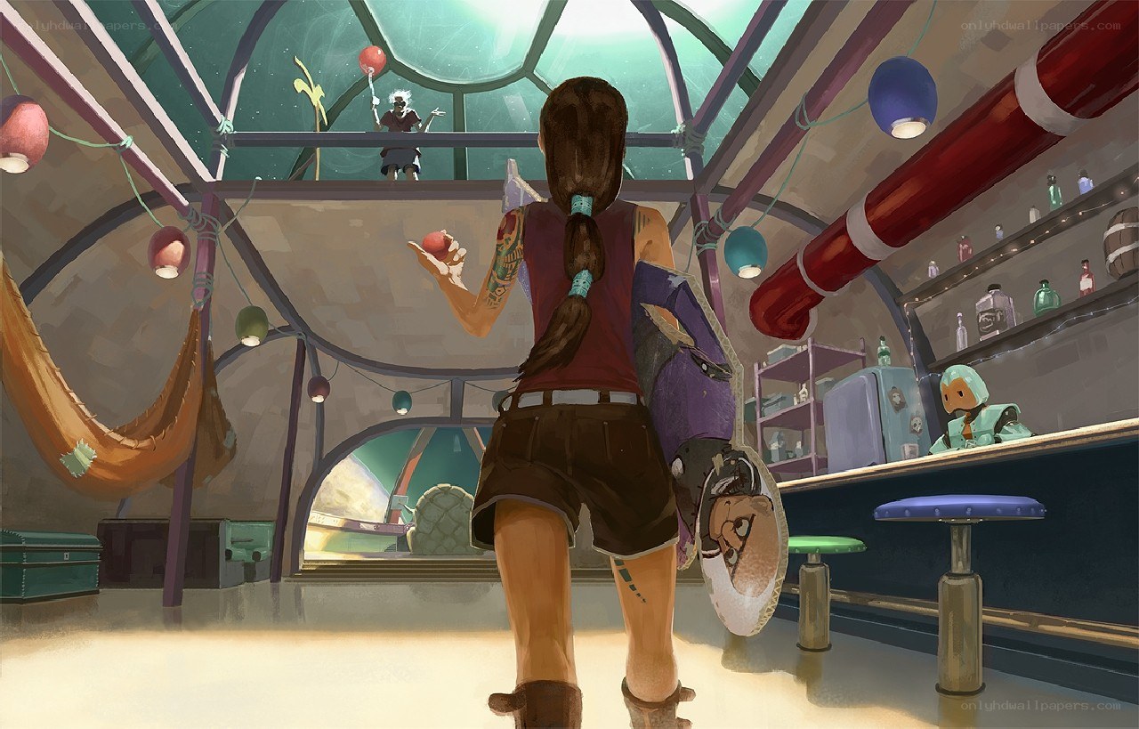 Lara Croft in a futuristic bar