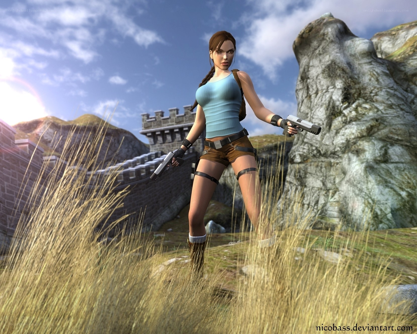 Lara Croft in a grassy field