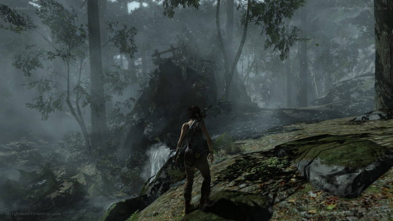 Lara Croft in a misty forest