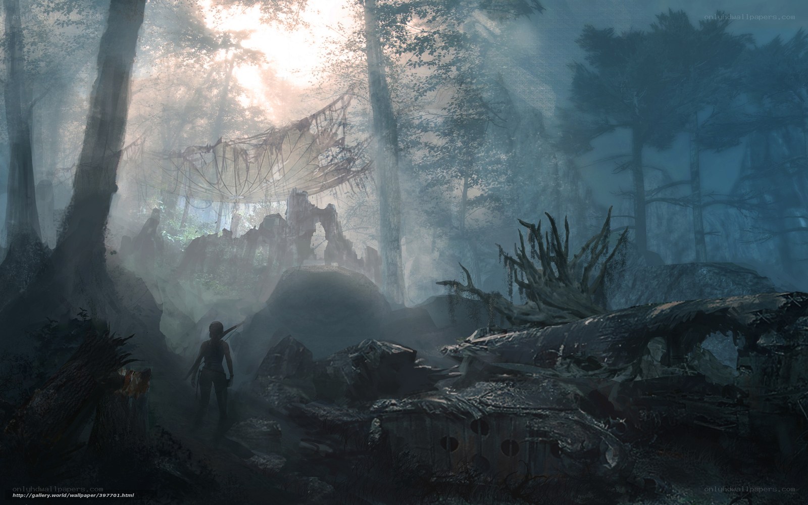 Lara Croft in a misty forest