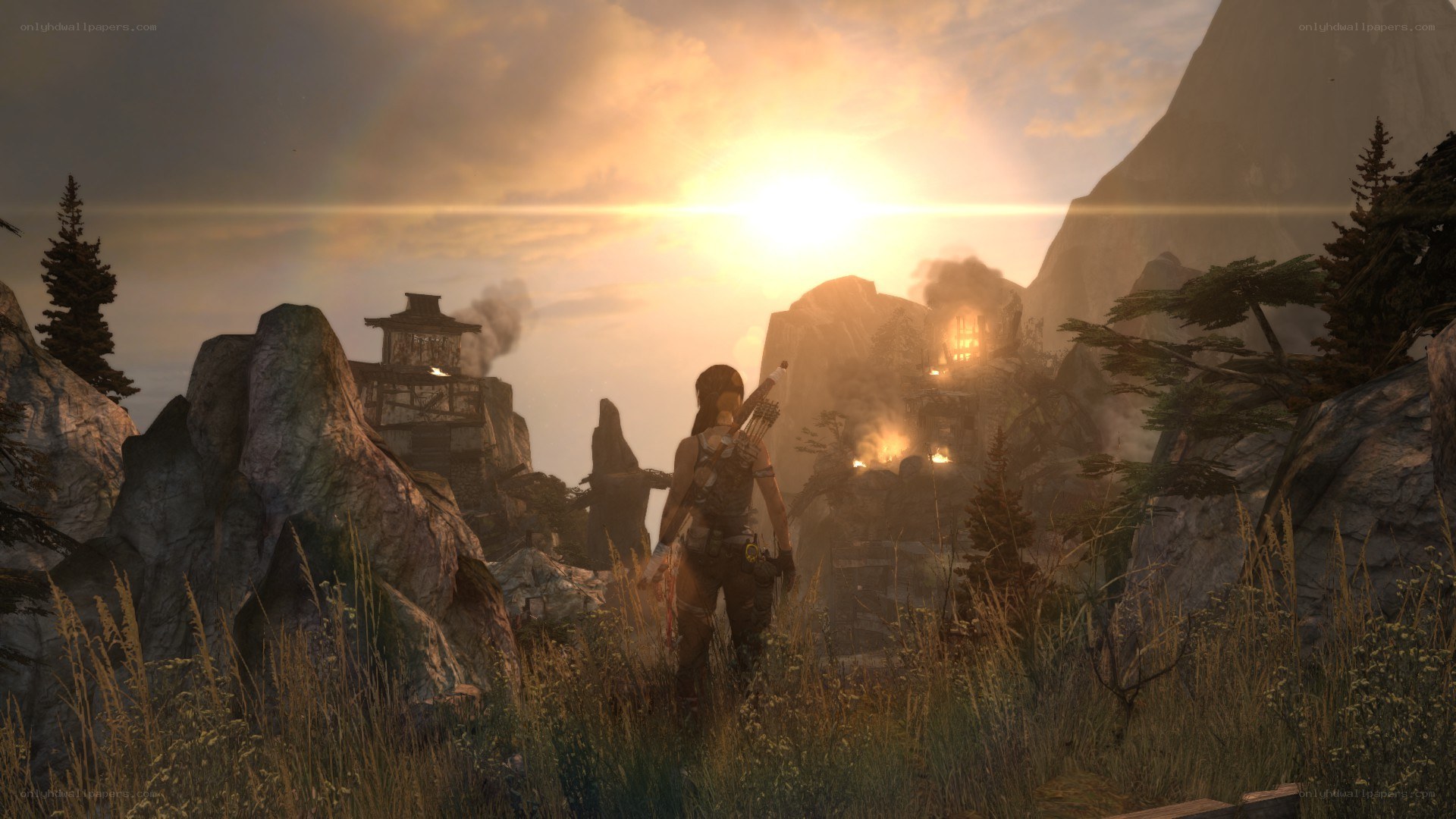 Lara Croft in a mountainous landscape