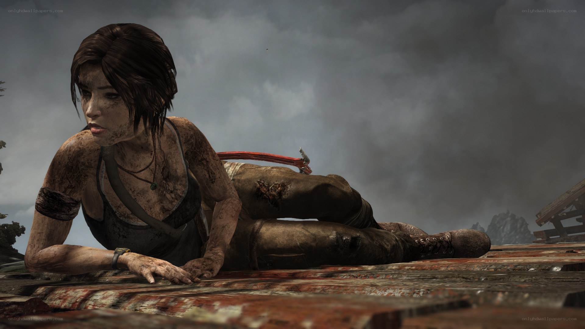 Lara Croft in a muddy scene