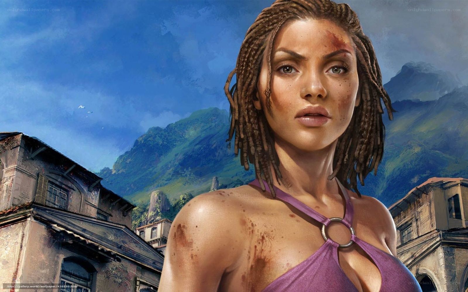Lara Croft in a purple top