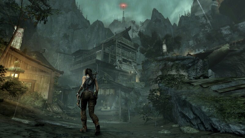 Lara Croft in a rainy village